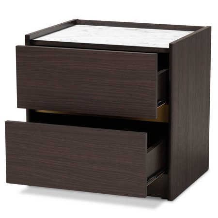 Baxton Studio Walker Modern and Contemporary Dark Brown and Gold Finished Wood Nightstand with Faux Marble Top 189-11620-ZORO